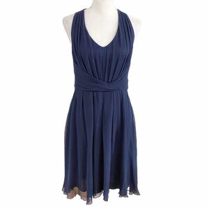TRAFFIC PEOPLE SILK NAVY PLEATED SURPLICE BRAIDED RACERBACK SLEEVELESS DRESS - L